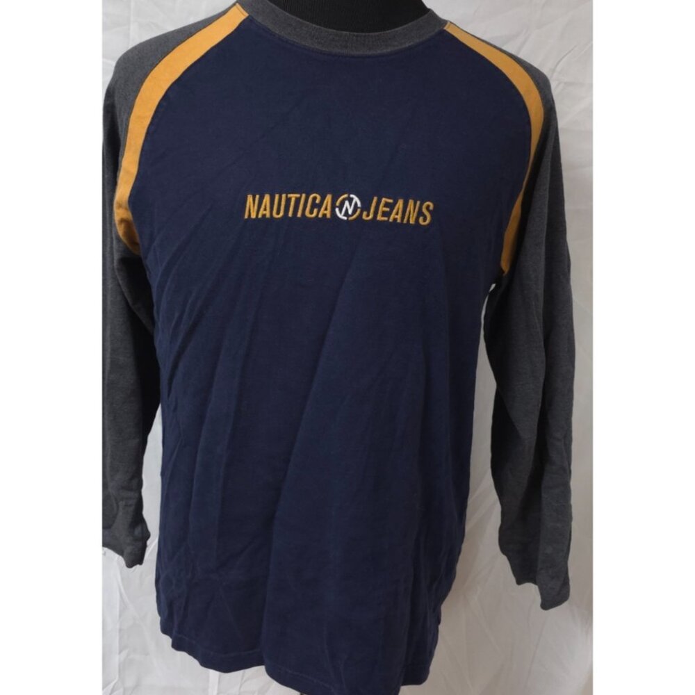 Nautica Jeans Co Mens M Blue Grey Yellow Logo Long Sleeve Heavy Spellout T-Shirt